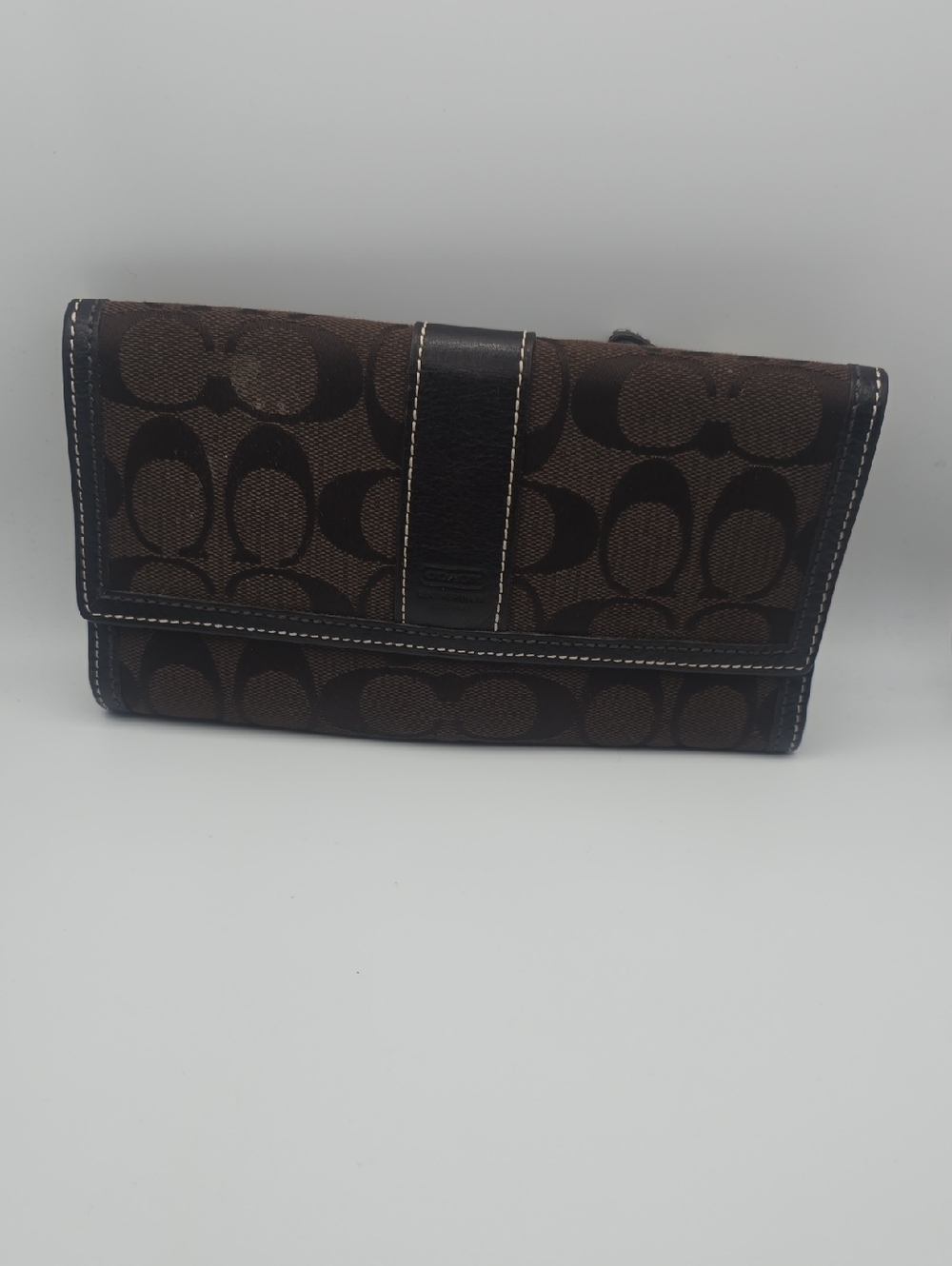 Coach Dark Brown Signature Mono Stitched Black Trim Long Snap Wallet (EUC)🖤